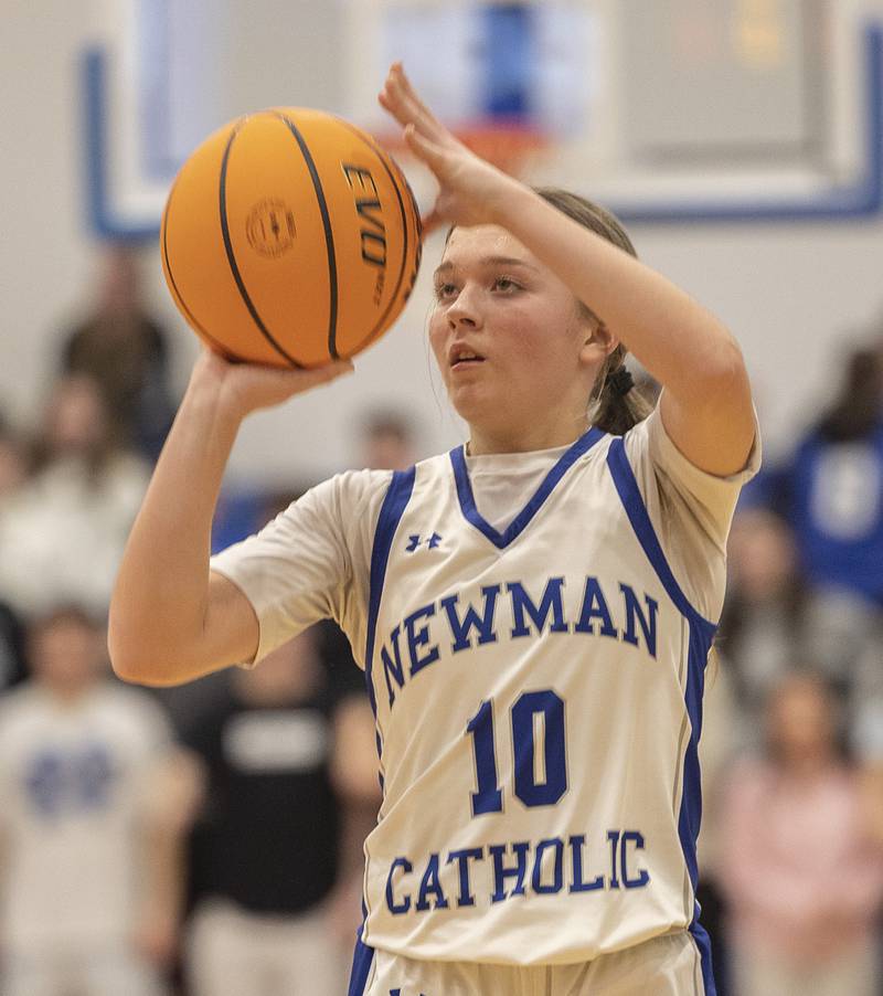 Newman’s Elaina Allen puts up a shot against Galena Tuesday, Feb. 24, 2026, in the Class 1A sectional at Eastland High School.