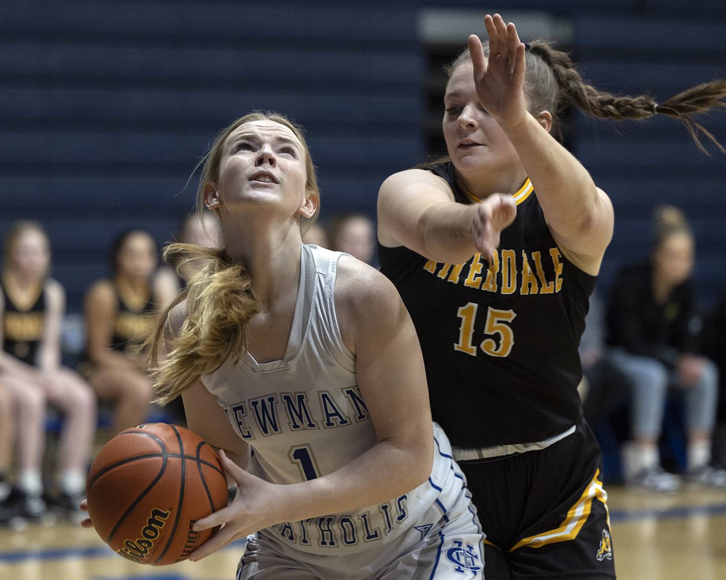 Newman’s Jessalin Johns looks to put up a shot while being guarded by Riverdale’s Crystal Craigmiles Thursday, Feb. 2, 2023.