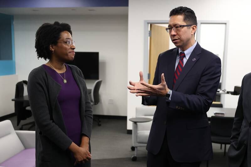 Congresswoman Lauren Underwood talks with Joliet Junior College President Clyne Namuo during her visit to the City Center Campus in Joliet.