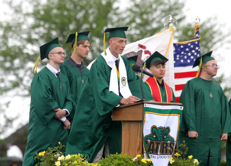 Michael Seisser speaks to begin graduation at Crystal Lake South High School in Crystal Lake on Saturday, May 17, 2025.