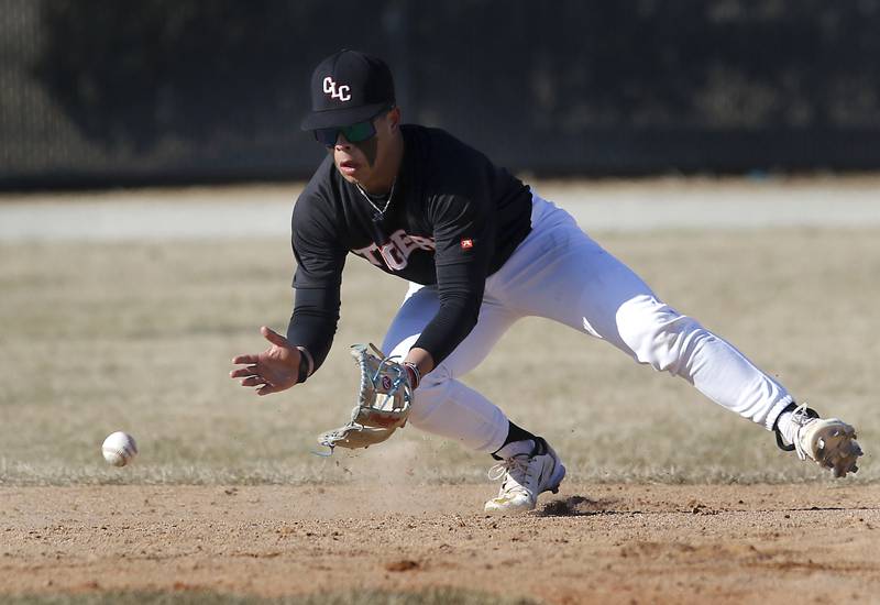 Crystal Lake Central's Jaden Obaldo fields the ball during a nonconference baseball game against Boylan Wednesday, March 29, 2023, at Crystal Lake Central High School.