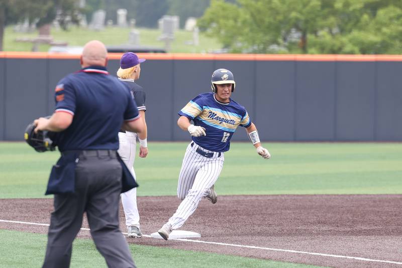 Ottawa Marquette’s Payton Gutierrez rounds third base during the Crusaders' 16-1 victory over Lexington in the IHSA Class 1A State semifinal on Friday, June 6, 2025.