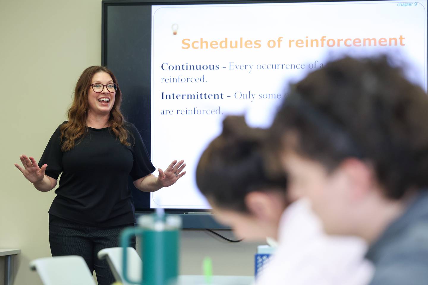 Cari Stevenson teaches during her psychology class at Kankakee Community College. Stevenson also coordinates the Campus Mental Health program as well as support programming for student veterans.