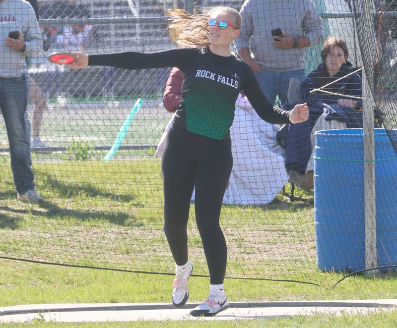 Rock Falls's Kayla Hackbarth throws discus during the Class 2A Sectional track meet on Wednesday, May 13, 2026 in the Jeff Prusator Athletic Complex at Mendota High School.