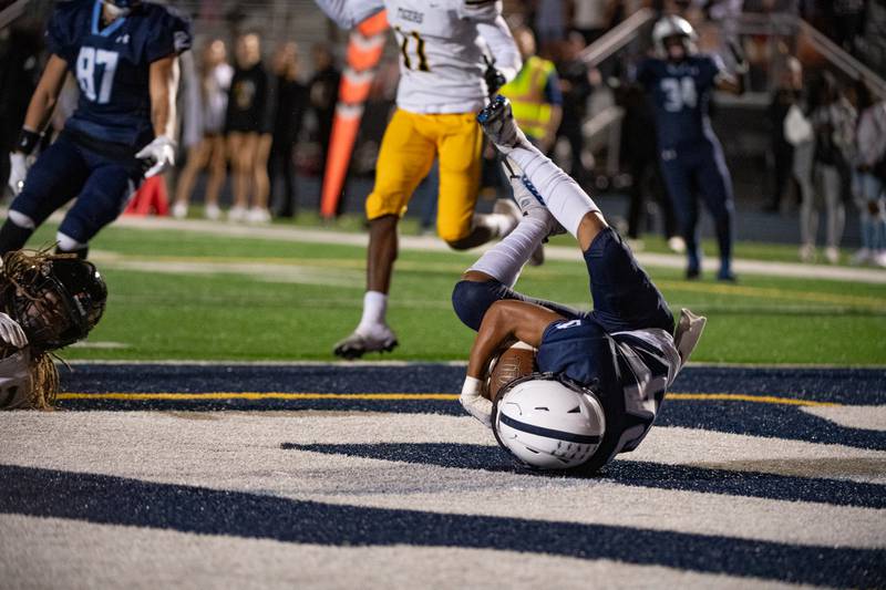 Plainfield South's Brook Williams makes a touchdown during a game against Joliet West Friday Oct. 4, 2024 at Plainfield South High School