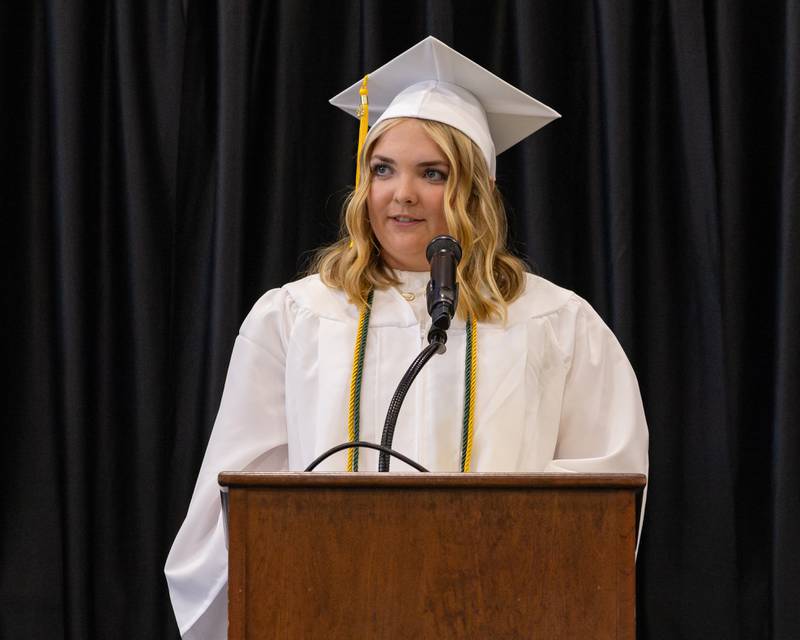 Camryn Stecken gives a speech to the graduating class during the Seneca High School Class of 2026 Graduation on May 17, 2026 at Seneca High School.