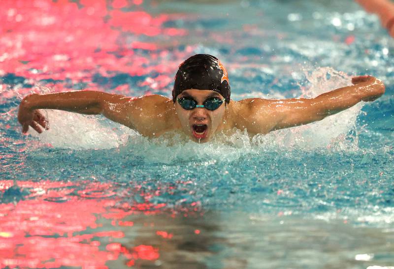DeKalb-Sycamore co-op swimmer Justin Wu competes in the varsity 100 yard butterfly Thursday, Jan. 23, 2025, during their meet against Metea Valley at the Huntley Middle School Pool in DeKalb.
