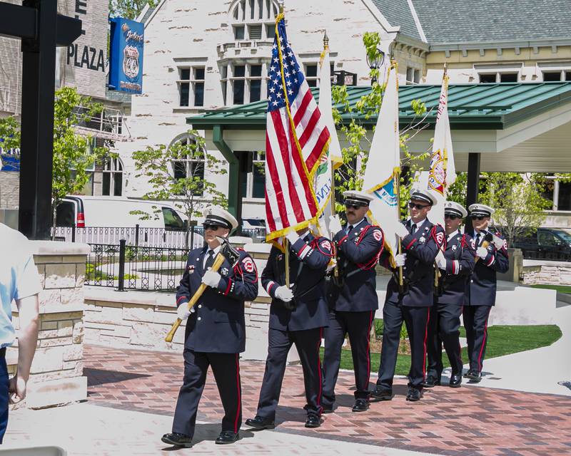 The Joliet Fire Department Honor Guard does the presentation of the Colors during the Memorial Day Commemoration at Joliet City Square.  May 20, 2026 in Joliet.