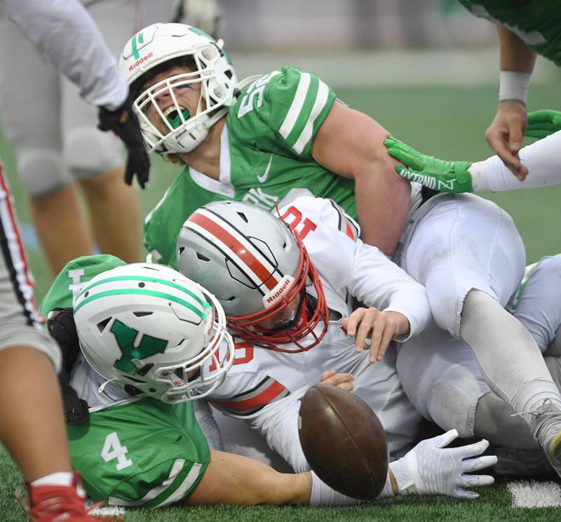 York’s John Benier yells after stopping Palatine’s Tommy Elter in a Class 8A quarterfinal playoff football game in Elmhurst on Saturday, November 12, 2022.