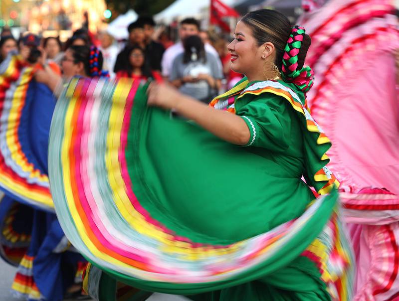 Members of the Northern Illinois University Ballet Folklorico Aztlan perform Thursday, Oct. 2, 2025, during the Huskie Homecoming Block Party in downtown DeKalb.