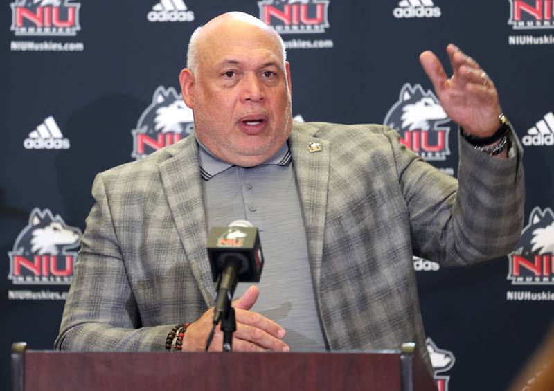 Sean T. Frazier, vice president and director of athletics and recreation at Northern Illinois, speaks Wednesday, Aug. 13, 2025, during the NIU fall sports media day in the Yordon Center at NIU in DeKalb.