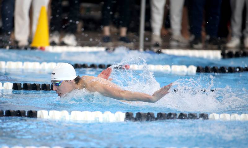 Cary-Grove’s Kasparas Venslauskas swims in the 200-meter individual medley consolation heat during the IHSA Boys State Championships on Saturday, March 1, 2025 at the FMC Natatorium in Westmont.