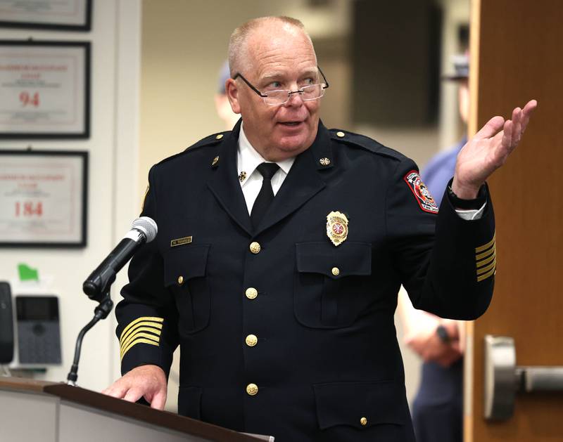 Retiring DeKalb Fire Chief Mike Thomas speaks Monday, June 23, 2025, after being recognized for his service during the DeKalb City Council meeting at the DeKalb Public Library.