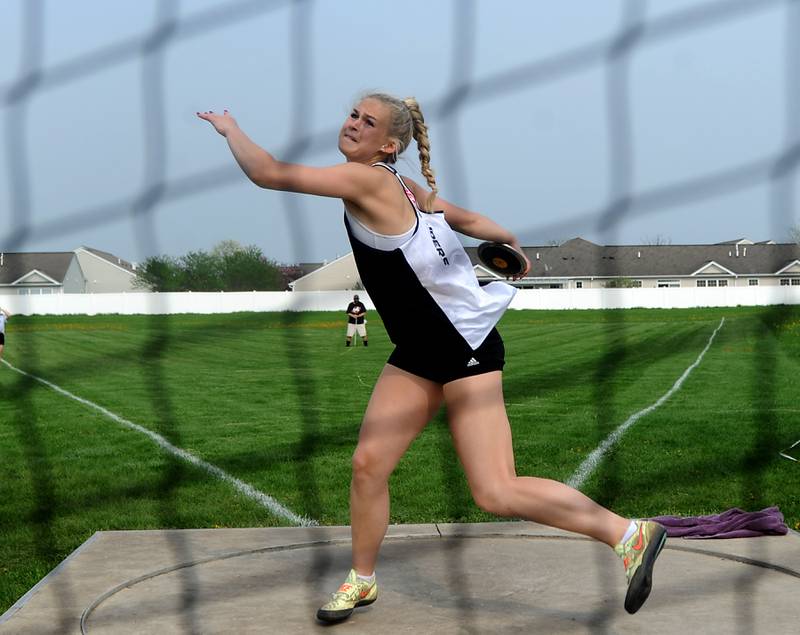 Huntley’s Ally Panzloff throws the discus during the IHSA Class 3A Huntley Girls Track Sectional Wednesday,  May 11, 2022, at Huntley High School.