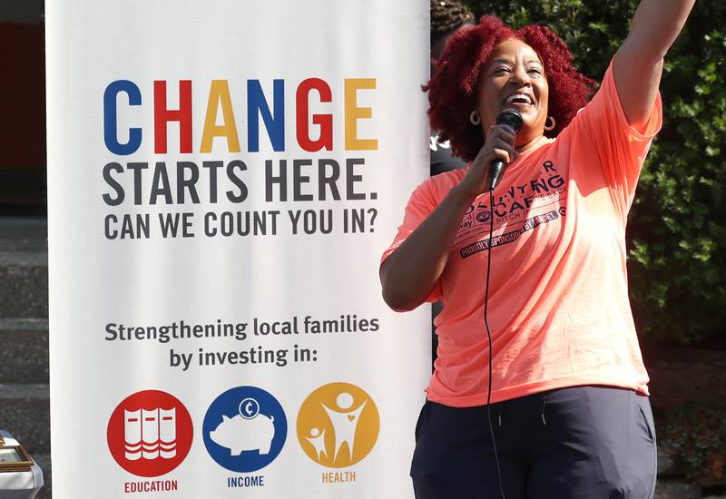 Kishwaukee United Way Executive Director Michele Vaughn, welcomes volunteers and representatives from funded partner agencies Thursday, June 13, 2024, during the kick-off of Kishwaukee United Way's annual Day of Caring event at their office in DeKalb.