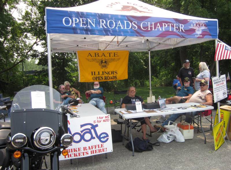 Open Roads ABATE of IL, Inc. members helping at the Plano Car Show. Pictured are Patti and Kevin Smith, Fred Chaffer, Sally Kolb, Bob Mauer, and Bruce Littlebrant.
