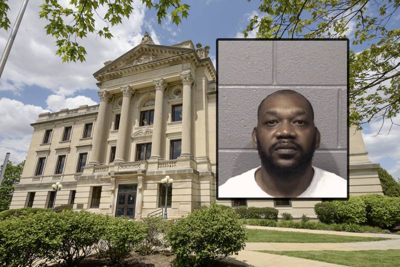 Antwine Blake, 37, of the 400 block of North Hinckley Avenue in Rockford, is charged with drug induced homicide, a class X felony, and unlawful delivery of a controlled substance, DeKalb County court records show. Blake appeared before a DeKalb County judge Oct. 13, 2022 and demanded a speedy trial, which has been set for Jan. 1, 2023. (Inset photo provided by DeKalb County Jail, courthouse photo by Mark Black for Shaw Local)