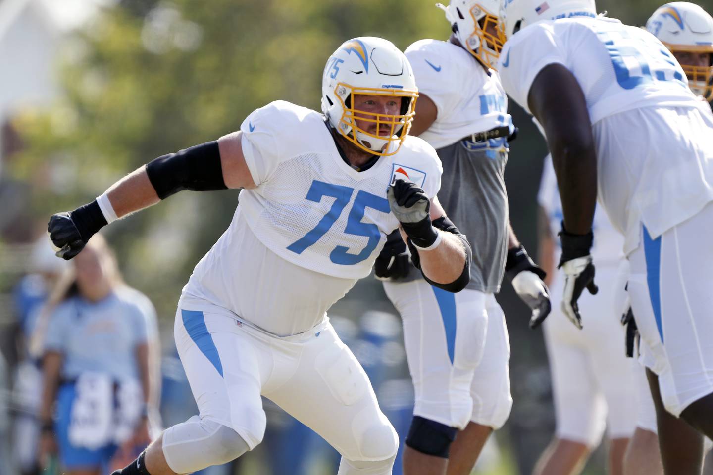 Los Angeles Chargers offensive tackle Bryan Bulaga works on a drill during practice on Aug. 12, 2021 in Costa Mesa, Calif.