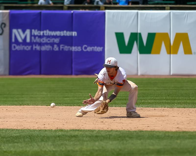 McHenry's Kyle Kaempf (1) fields a grounder at short during the Class 4A Supersectional game between York at McHenry.  June 7, 2022.