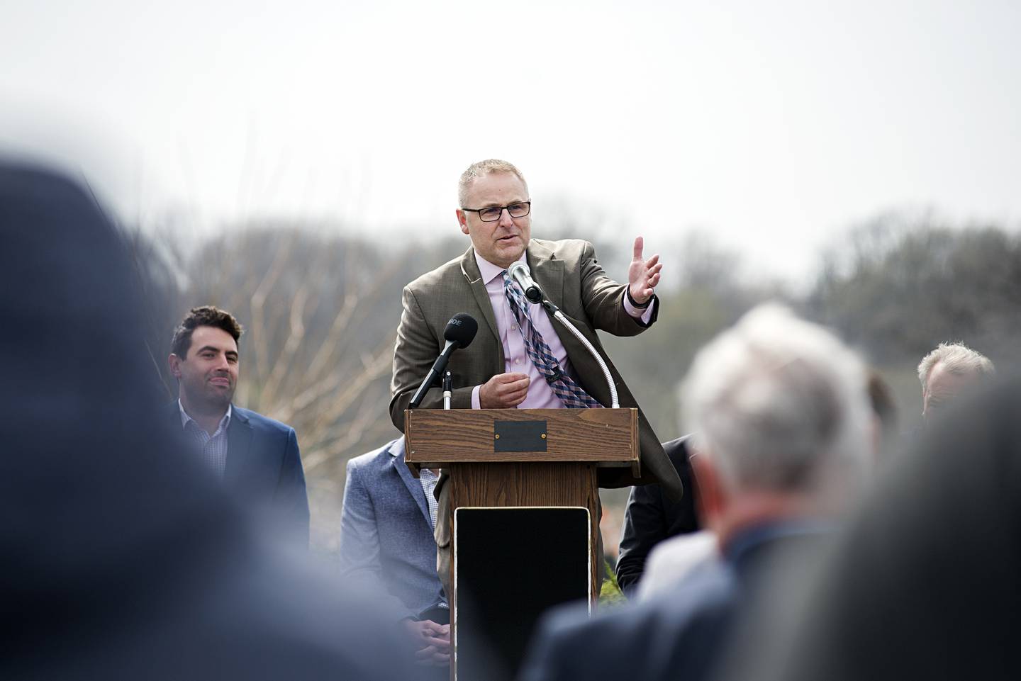 Dixon City Manager Danny Langloss gestures while saying what an exciting time it is to live and be part of the Dixon community during the Gateway project groundbreaking on Thursday.