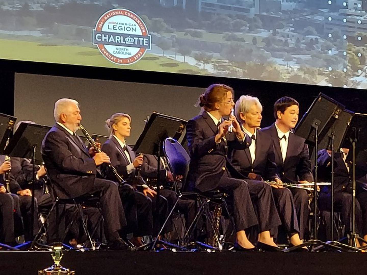 The Joliet American Legion Band took first place at the 2023 American Legion Band Competition on Aug. 26, 2023, in Charlotte, North Carolina. Pictured, from left, are members of the band during its performance: clarinets Ken Spreitzer and Fernanda Piexoto, and flutes Jillian Kohler, Cindy Butler and Autumn Cha.