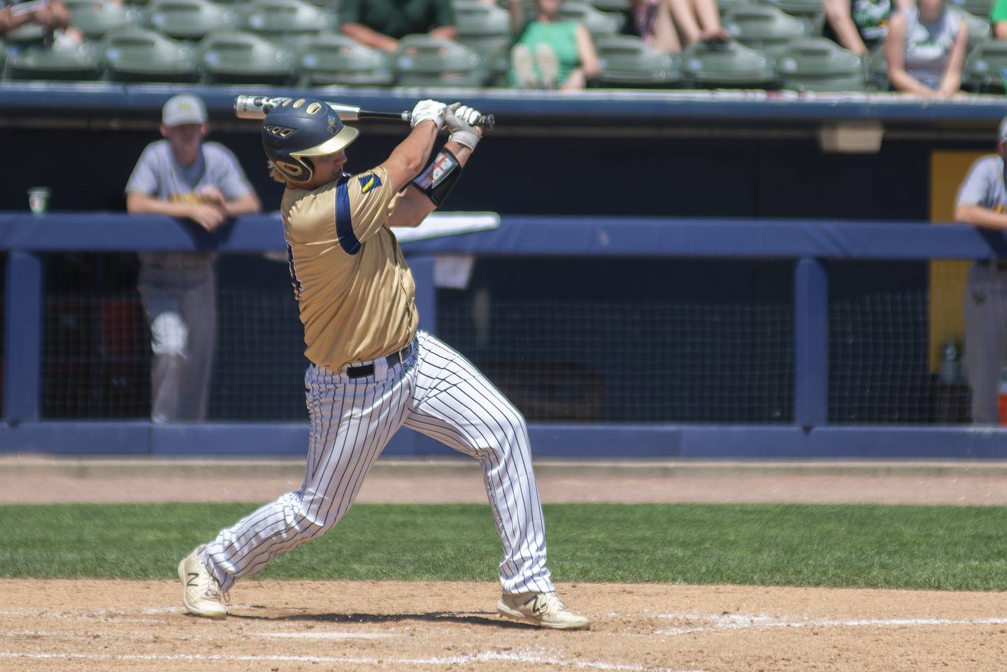 Ottawa-Marquette’s Brady Ewers drives in the only Crusaders run against Brown County Friday, June 3, 2022 during the IHSA Class 1A baseball state semifinal.