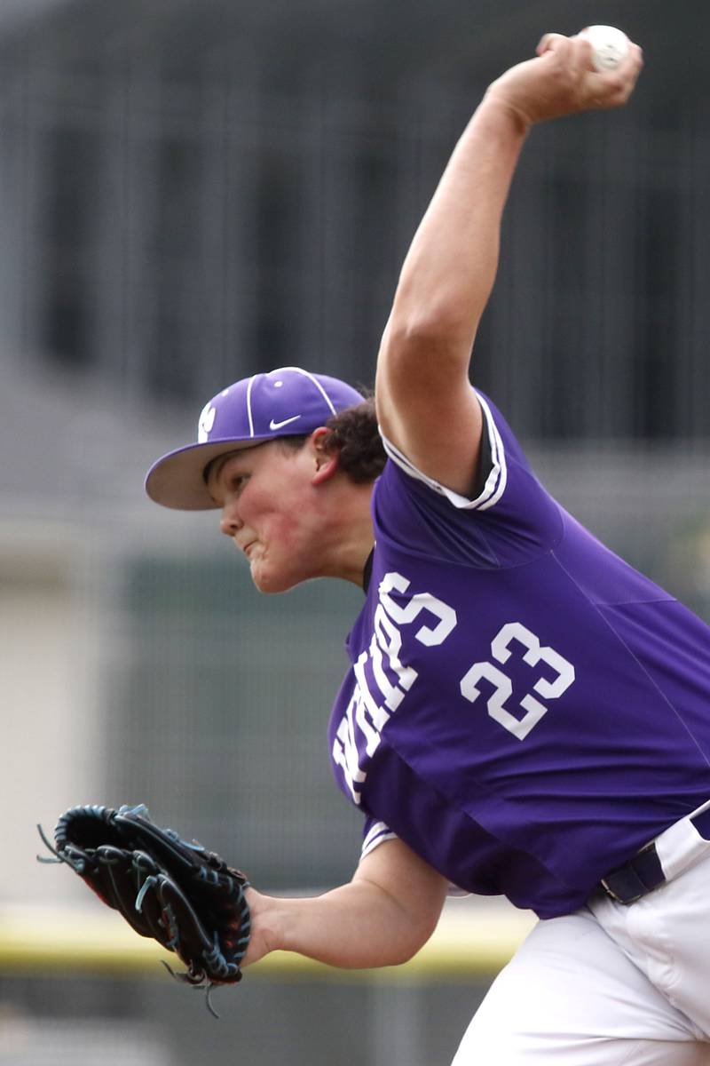 Hampshire's Mason Stanley throws a pitch during a Fox Valley Conference baseball game against Crystal Lake South on Monday, April 29, 2026, at Crystal Lake South High School.
