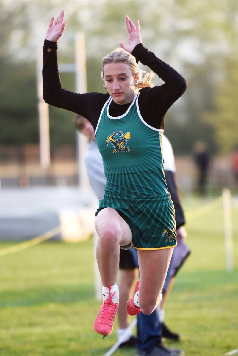 Coal City's Ella Wills makes her jump during the high jump at the Herscher Invite Friday, May 2, 2025.