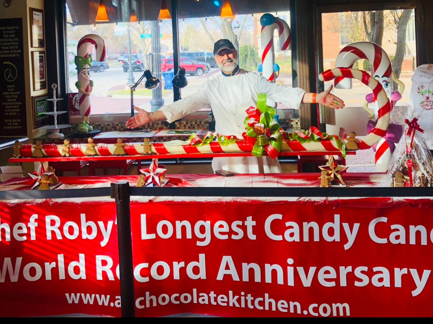 Chef Alain Roby of All Chocolate Kitchen in Geneva creates a 10-foot homage in 2023 to his 51-foot Guiness World Record holder created in 2012.