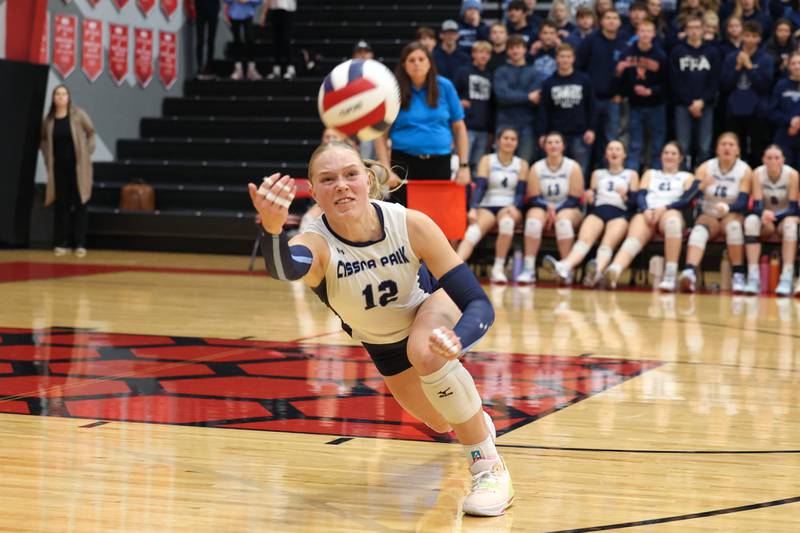 Cissna Park's Josie Neukomm dives for a volley during the Timberwolves' victory in two sets, 25-22, 25-11, over Windsor/Stewardson-Strasburg in the IHSA Class 1A Heyworth Super-Sectional on Monday, Nov. 10, 2025.