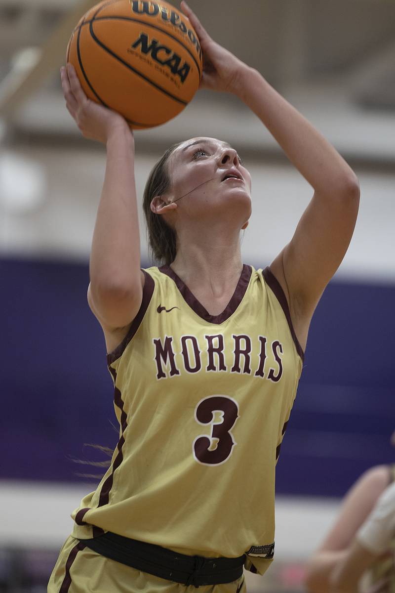 Morris’ Lily Hansen puts up a shot against Dixon Friday, Jan. 3, 2025, at Dixon High School.