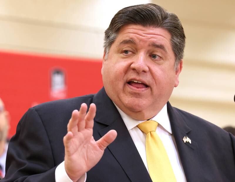 Gov. JB Pritzker speaks during a news conference Tuesday, April, 4, 2023, in the Barsema Alumni and Visitors Center at Northern Illinois University in DeKalb. Pritzker along with a group of llinois lawmakers, DeKalb city officials and representatives from NIU were on hand to promote the importance of funding higher education in Illinois.