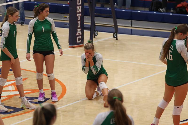 Providence’s Demi Carbone drops to the court after being on the losing side of match point against Limestone in the Class 3A Pontiac Supersectional on Monday, Nov. 11, 2024 in Pontiac.