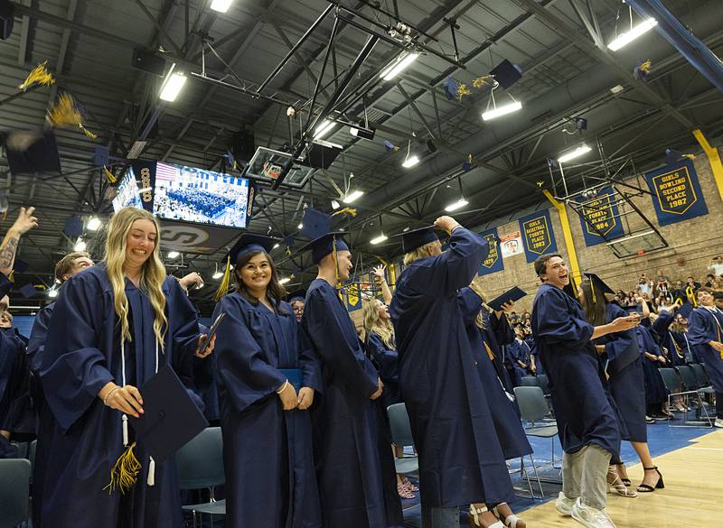 Hats fly into the air Friday, May 24, 2024 as the Sterling High School class of 2024 wraps up their commencement.