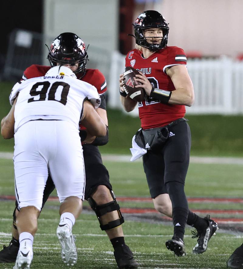 Northern Illinois' Rocky Lombardi drops back to pass during their game against Western Michigan Tuesday, Nov. 14, 2023, in Huskie Stadium at NIU in DeKalb.
