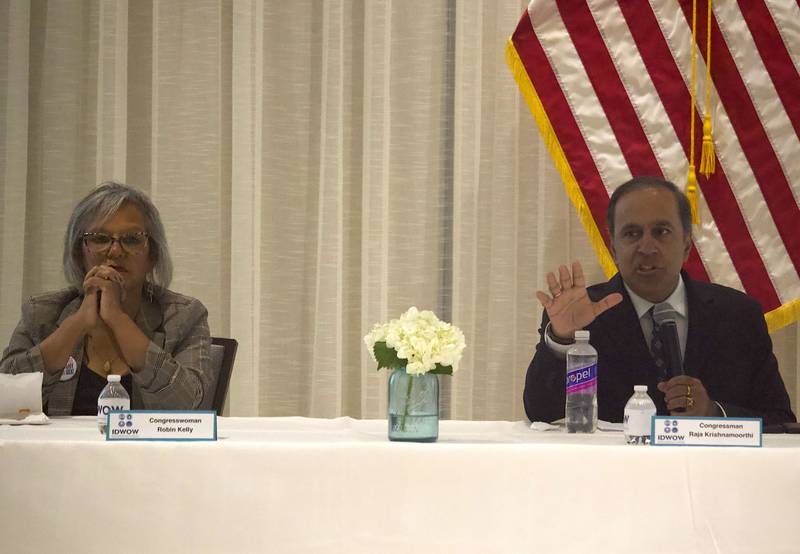U.S. Representatives Robin Kelly (left) and Raja Krishnamoorthi at the Democratic U.S. Senate forum at the International Brotherhood of Electrical Workers in Joliet on Sunday, Sept. 14, 2025.