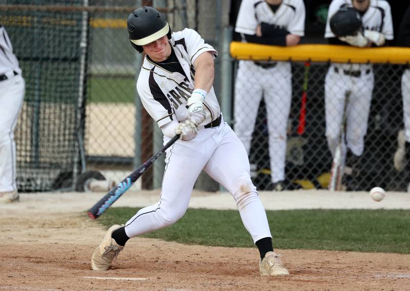 Sycamore's Nathan Lojko takes a cut during their game against St. Charles North Thursday, April 10, 2025, at the Sycamore Sports Complex.