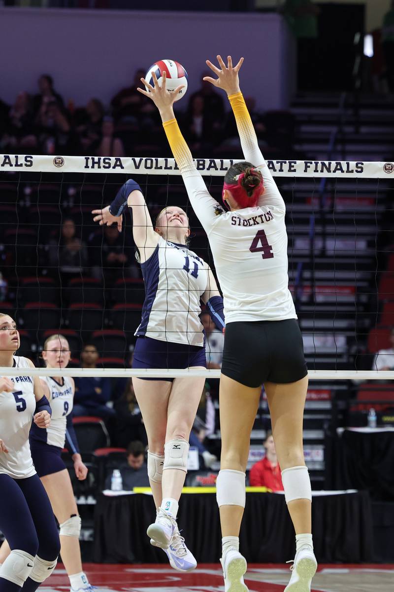 Cissna Park's Sophie Duis prepares to spike the ball during the Timberwolves' victory in two sets, 25-11, 25-14, over Stockton in the IHSA Class 1A State championship on Saturday, Nov. 15, 2025.