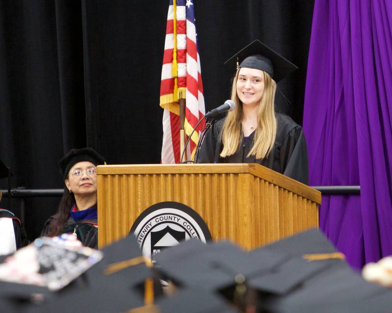 Student Gianna Barger speaks to the graduating class during commencement at McHenry County College on Saturday, May 11, 2024, in Crystal Lake.