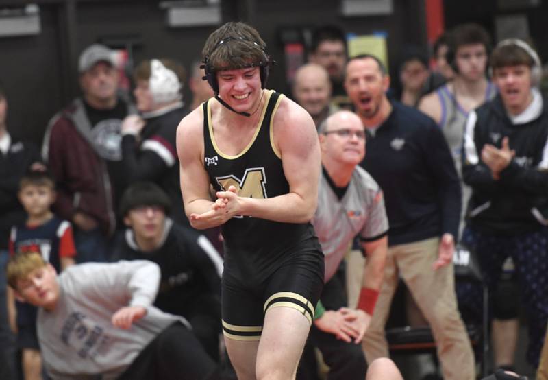 Polo's Micah Stringini reacts after beating Winnebago's Johnny Strauss to take third place at 215 pounds at the 1A Stillman Valley Sectional on Saturday, Jan. 31, 2026 at Stillman Valley High School.