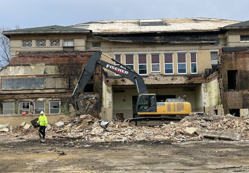 Workers from Fischer Excavating, of Freeport, began demolishing the north part of the Congress School, 208 N. Congress Ave., on Friday, March 28, 2025 in Polo. Demolition of the older, larger portion of the building has tentatively been set for Monday.
