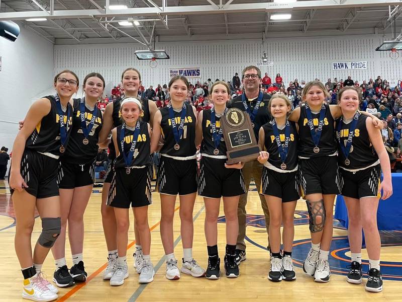 The Putnam County seventh-grade Pumas basketball team brought home a fourth-place trophy from the IESA State Basketball Team. They lost to Mt. Pulaski, 34-14, in the third-place game on Thursday, Dec. 7, finishing with a record of 20-4. Team members are McKenna Wrobleski, Kami Nauman, Hannah Heiberger, Anni Judd, Avery Lenkaitis, Millie Harris, McKlay Gensini, Tula Rue, Murphy Hopkins and coach Nick Heuser.