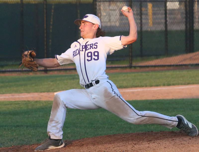 Plano's Kaden Aguirre throws a pitch to Ottawa during the Class 3A Regional semifinal game on Wednesday, May 22, 2024 at Huby Sarver Field in La Salle.