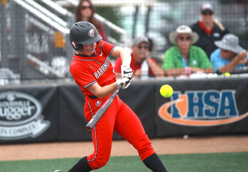 Barrington's Mimi Cline makes contact during a IHSA Class 4A state semifinal game against Lockport on Friday, June 13, 2025 at the Louisville Slugger Sports Complex in Peoria.