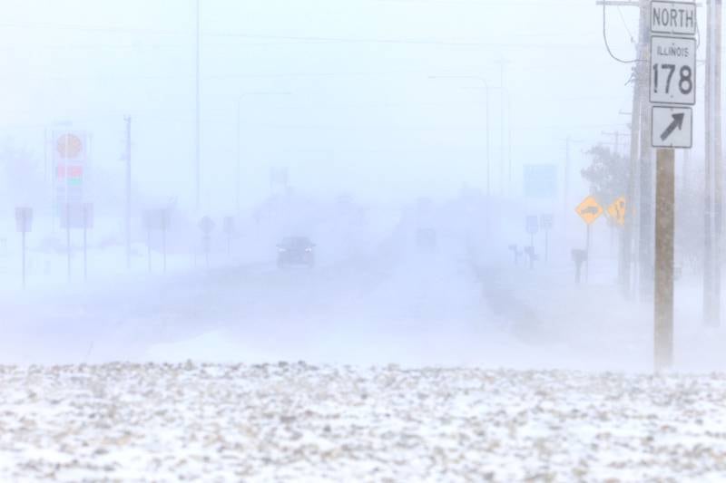 Visibilty is nearly non-existant looking north on Illinois Route 178 on Monday, March 16, 2026 at the roundabout in Utica