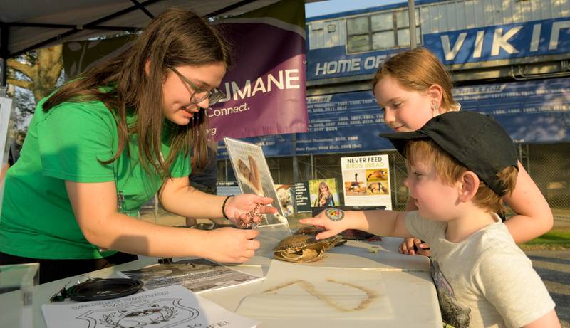 Bridget Nelis from Anderson Humane shows Madeline and John Tracy a Milk Snake during Geneva's first National Night Out event on Tuesday, Aug 5, 2025 in Geneva.
