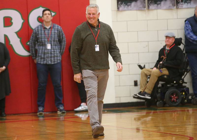 Jeff Senica L-P class of  1976, is introduced at halftime during the La Salle-Peru Township High School Hall of Honor ceremony on Friday, Feb. 7, 2025 in Sellett Gymnasium at L-P High School.