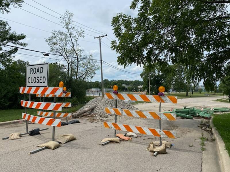 A portion of Lucinda Avenue is closed for bridge replacement in DeKalb on Thursday, July 6, 2023. The road near the bridge has been closed off since March 1, when crews began the process of replacing the bridge. DeKalb city officials said delays have pushed the completion date back from August to October 2023.