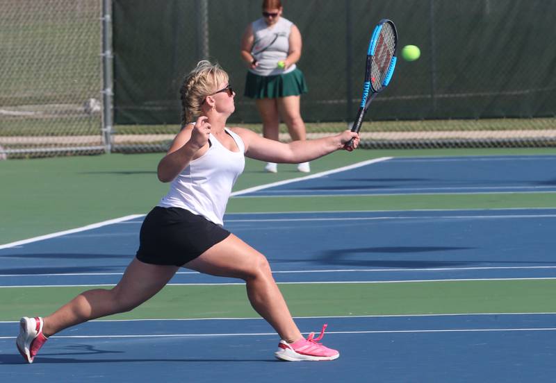 Ottawa's Reese Purcell hits the ball during the Class 1A girls tennis sectionals on Thursday, Oct. 16, 2025 at Ottawa High School.