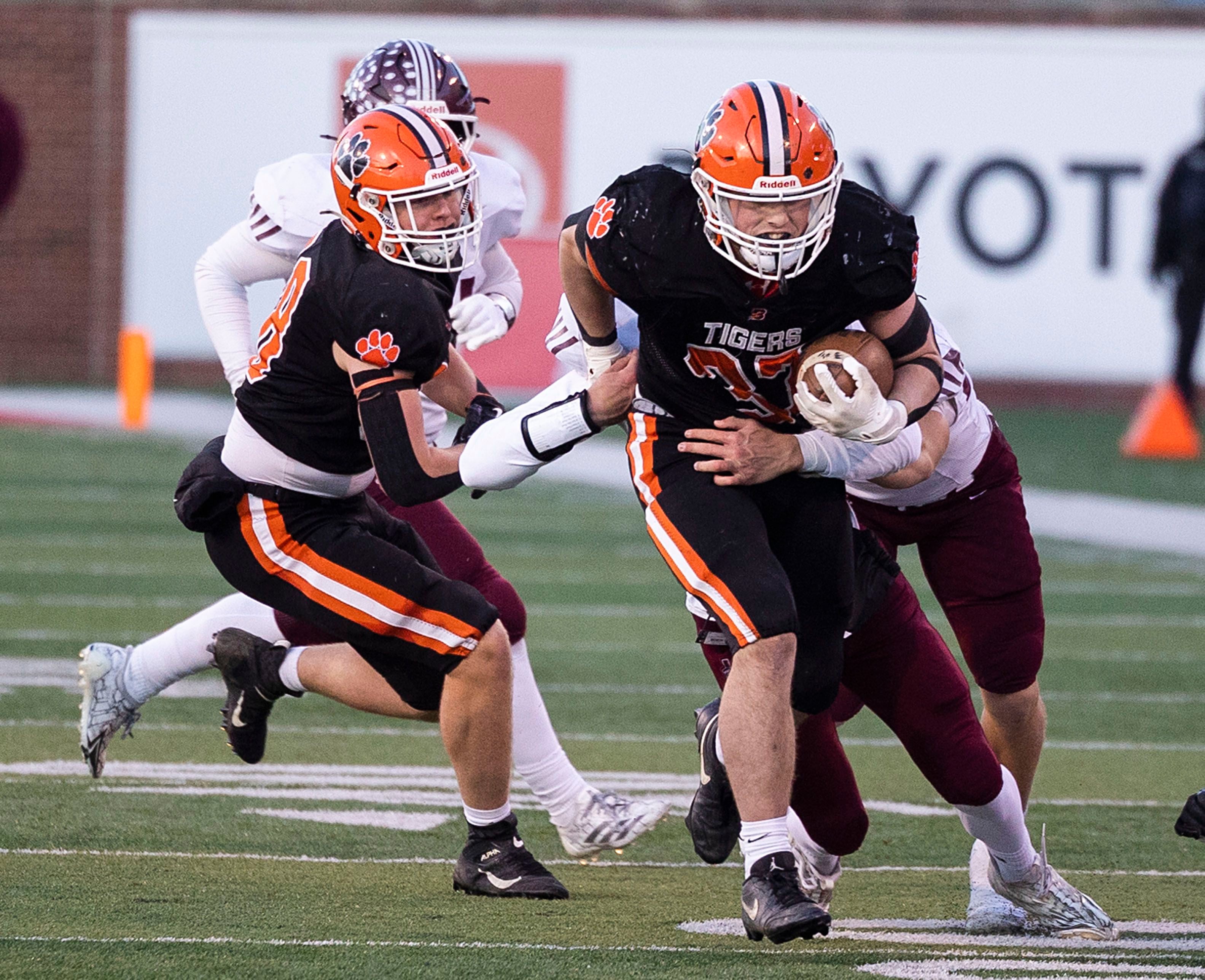Byron’s Caden Considine runs for yards against Tolono-Unity Friday, Nov. 28, 2025, in the Class 3A football finals at Hancock Stadium at ISU.